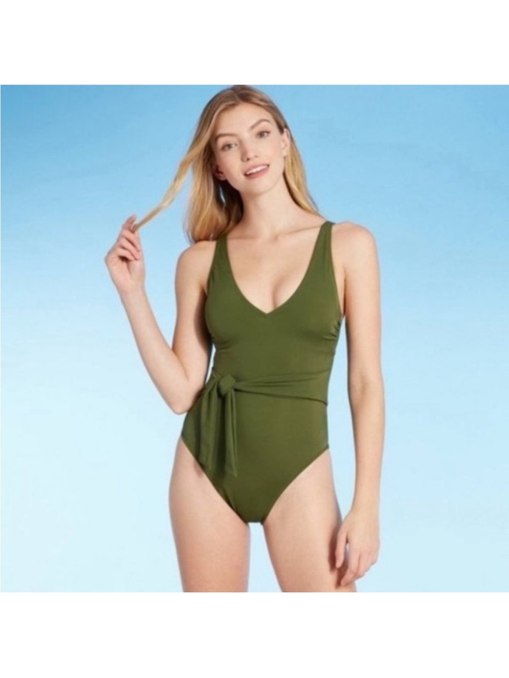 Shade & Shore Olive V-Neck Tie-Front One-Piece Swimsuit